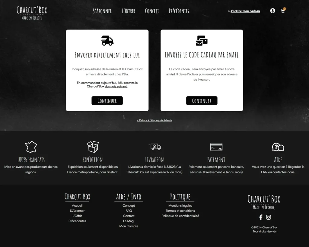 Charcut'Box gift subscription page with delivery or email gift code options for gourmet charcuterie box gifting.