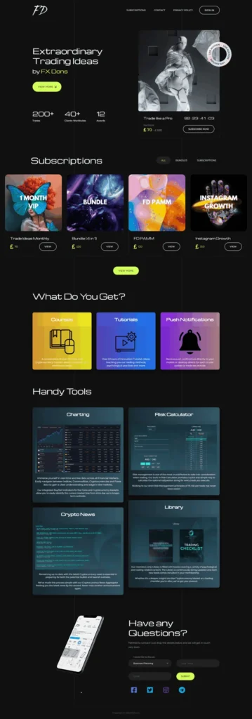 Dark-themed trading and cryptocurrency membership website featuring subscription plans, trading tools, crypto news, educational resources, and premium member dashboard.