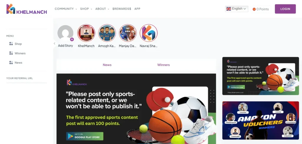 KhelManch sports community platform design and development project featuring social networking, rewards system, sports news, and user engagement.