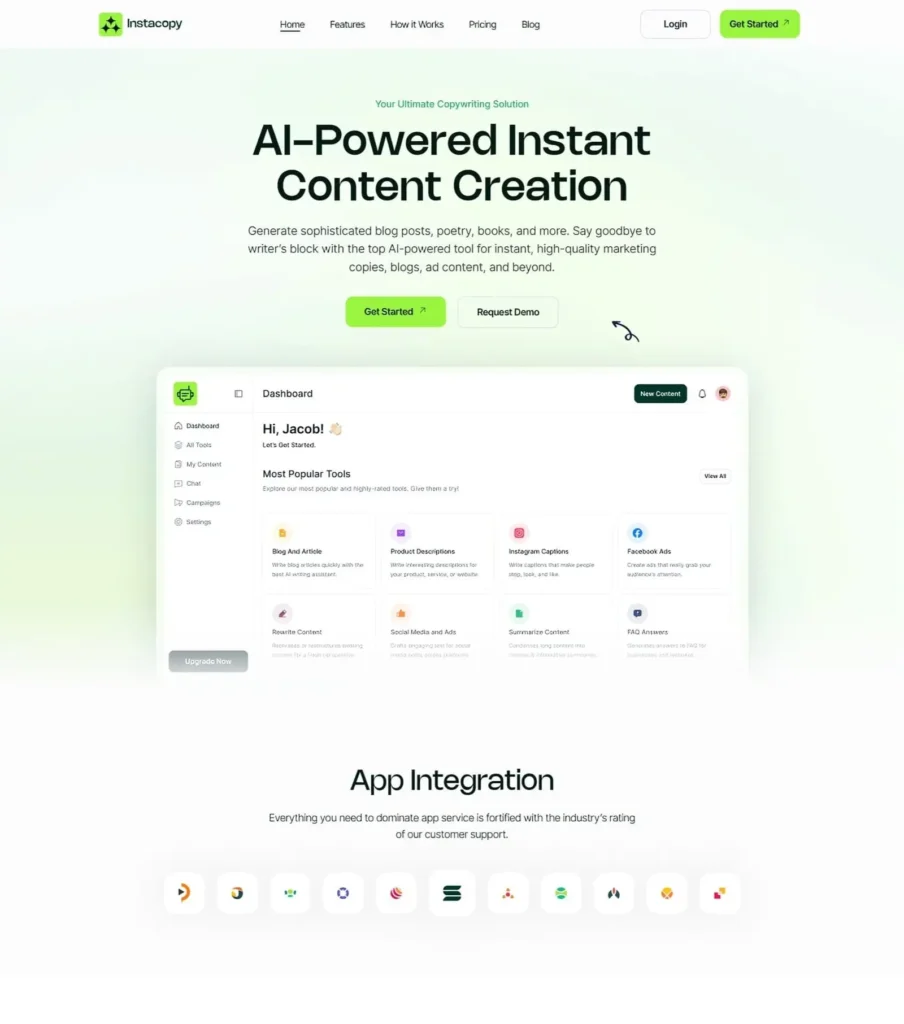 Instacopy AI content creation platform design and development project featuring AI copywriting, content generation, and marketing automation tools.