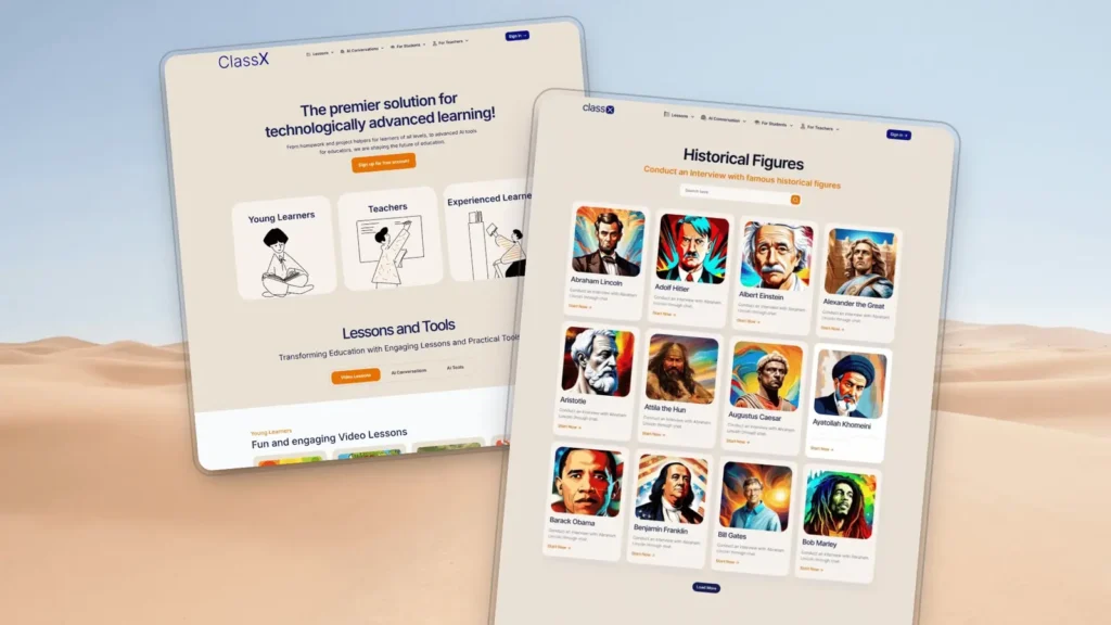 ClassX AI-powered education platform website design and development project featuring interactive learning tools, AI conversations, and educational resources.