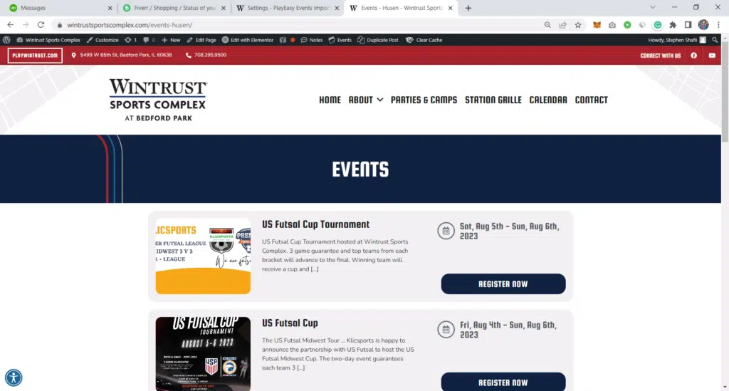 Wintrust Sports Complex events management website development project featuring event listings, tournament registration, and responsive sports event management.