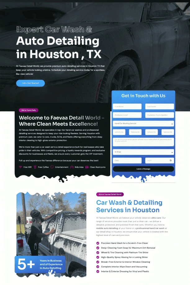 Faveva Detail World car wash and auto detailing website design and development project featuring premium detailing services, online estimates, and responsive business website.