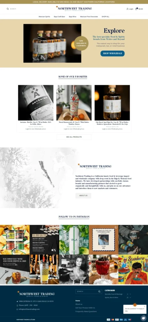 Northwest Trading wholesale food and beverage e-commerce website built with WordPress and WPBakery, showcasing Mexican spirits, wines, specialty foods, featured products, and online shopping.