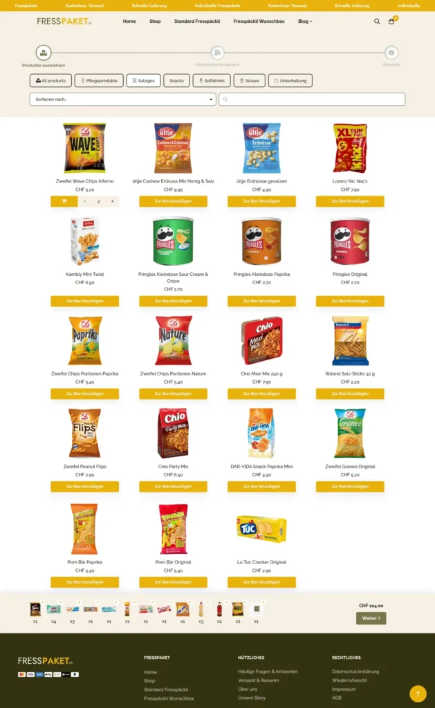 FressPaket custom product bundle WooCommerce development project featuring personalized snack box builder, product selection, and responsive eCommerce experience.