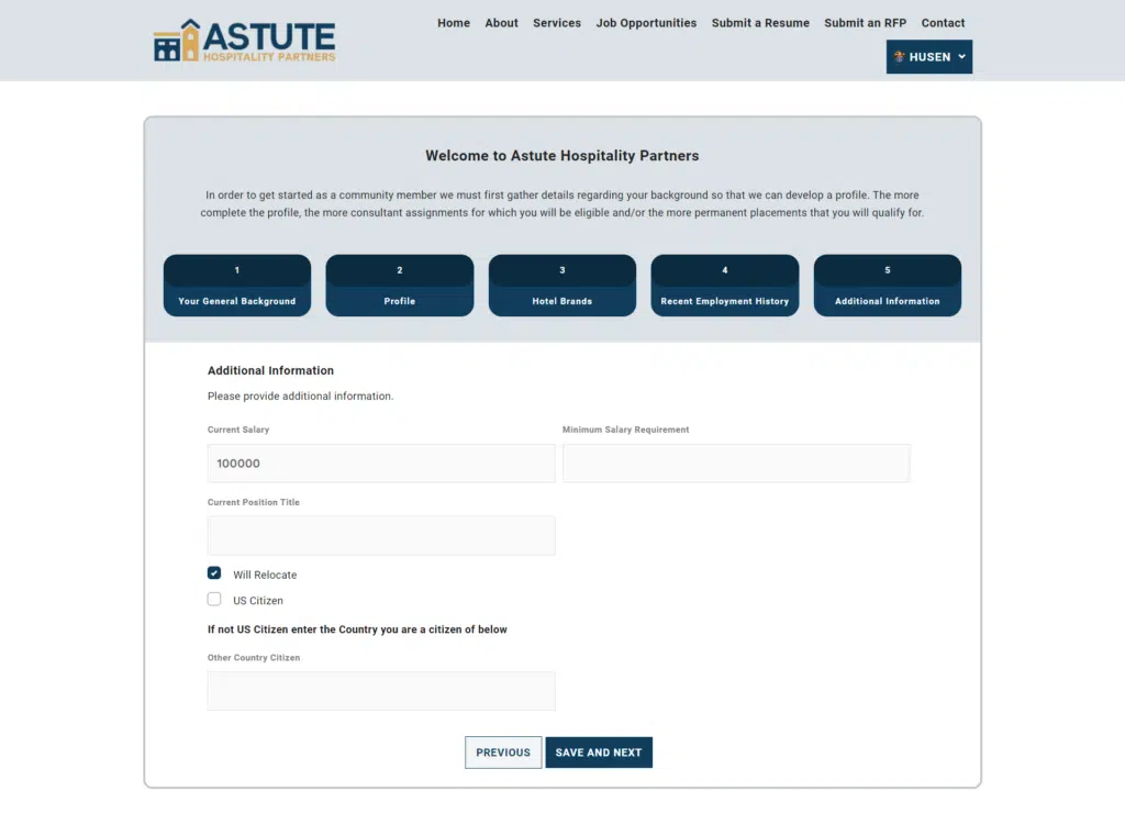 Astute Hospitality Partners recruitment portal development project featuring candidate profile management, job application forms, and hospitality staffing solutions.