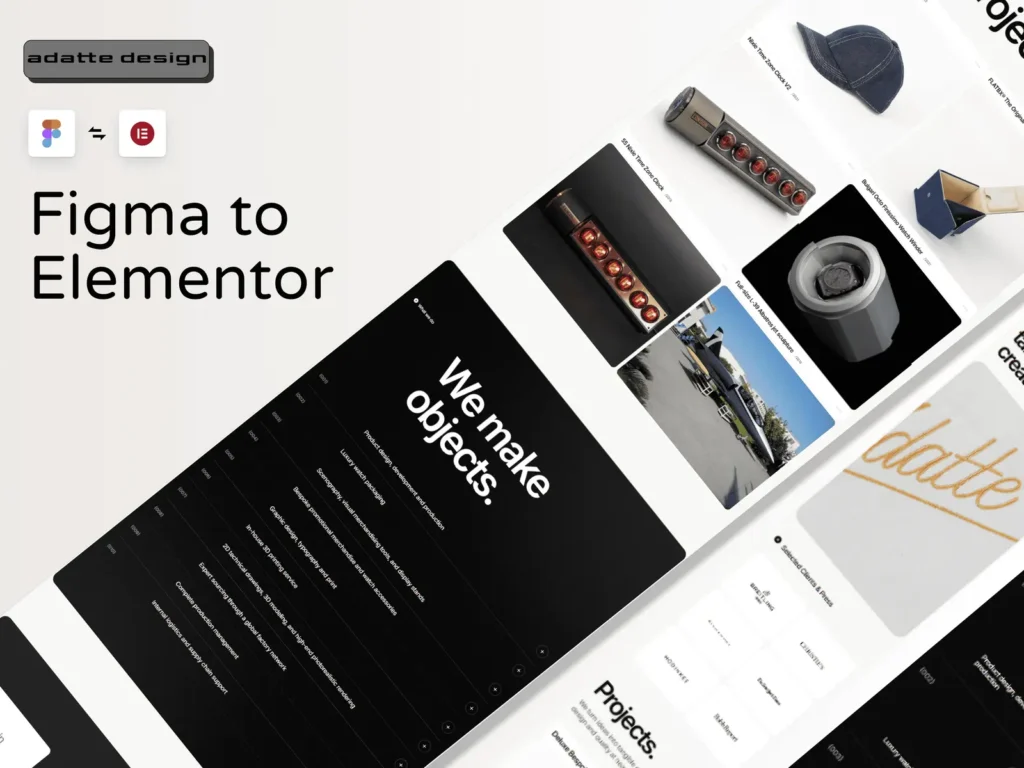 Modern Figma to Elementor conversion displaying a clean portfolio website with product showcase, black and white design, and responsive interface.