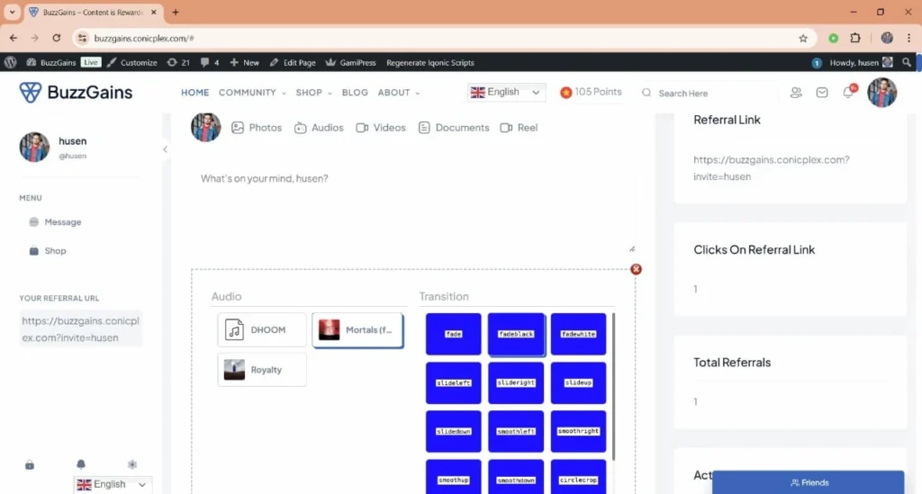 BuzzGains social media platform and rewards website development project featuring community feeds, referral system, points rewards, and reels creator tools.