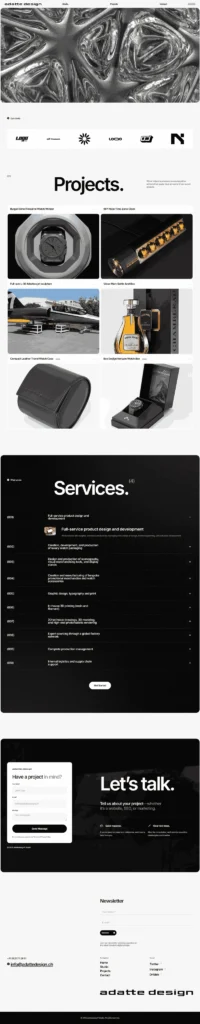 Custom WordPress website developed for Adatte Design, a Swiss industrial product design studio, featuring responsive layouts, premium UI, and performance-optimized development.