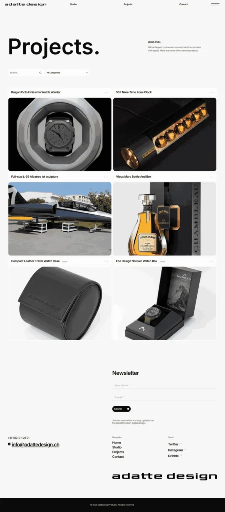 Projects archive page of the Adatte Design website developed with WordPress, featuring a responsive masonry portfolio, category filtering, project search, and premium industrial product showcase.