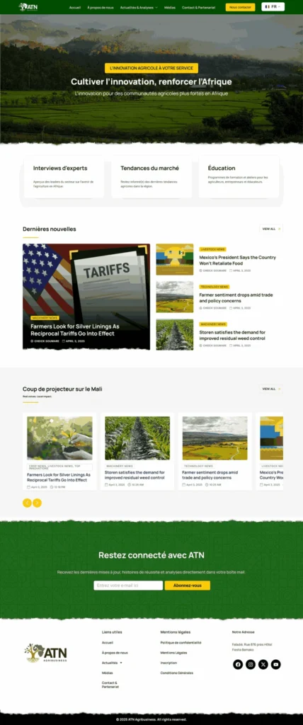 Desktop homepage of the Agrimali TV agriculture media website developed with WordPress and Elementor, showcasing multilingual news sections, educational content, and responsive website design.