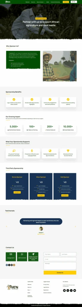 Custom agriculture media website designed in Figma and developed with WordPress and Elementor for Agrimali TV, featuring multilingual support, responsive layouts, dynamic news publishing, and SEO-optimized architecture.