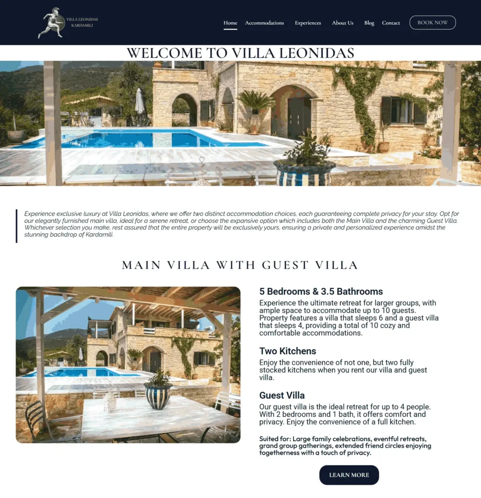 Villa Leonidas luxury villa website design and development project featuring premium accommodation, villa booking, and a responsive hospitality website.