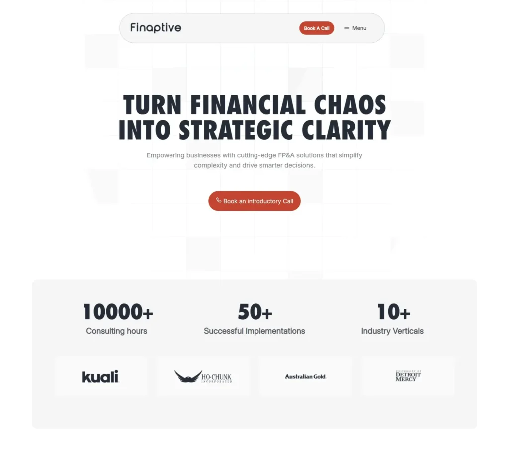 Finaptive financial consulting website design and development project featuring FP&A solutions, business strategy, and a responsive corporate website.