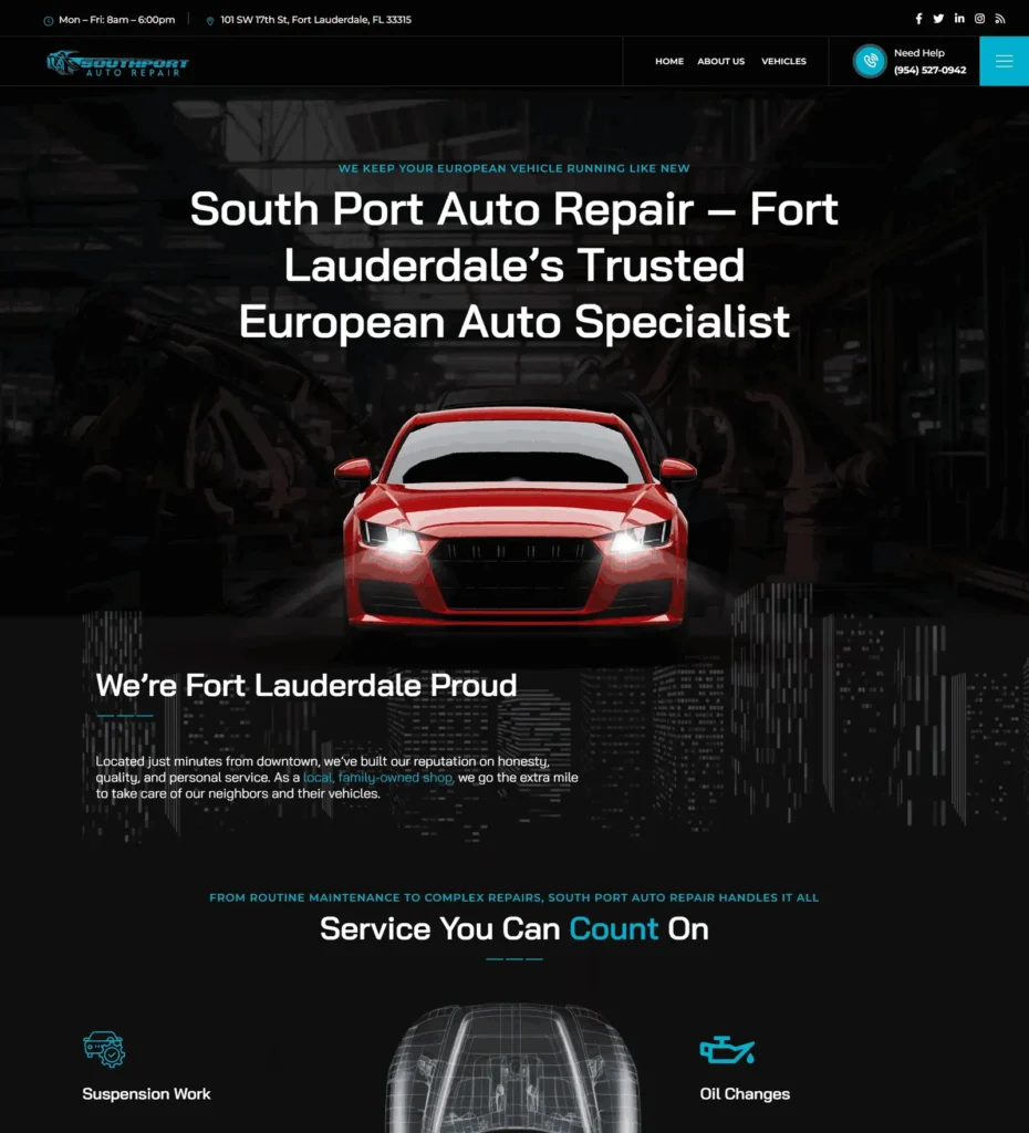 South Port Auto Repair website design and development project featuring European auto repair services, vehicle maintenance, and a responsive business website.