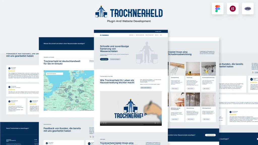 Custom WordPress website and plugin developed for Trocknerheld, featuring nationwide water damage restoration services, interactive service area maps, customer reviews, and responsive design.