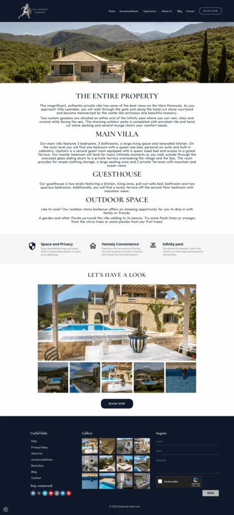 Villa Leonidas property overview page featuring luxury accommodation details, amenities, outdoor spaces, image gallery, and direct booking call-to-action.