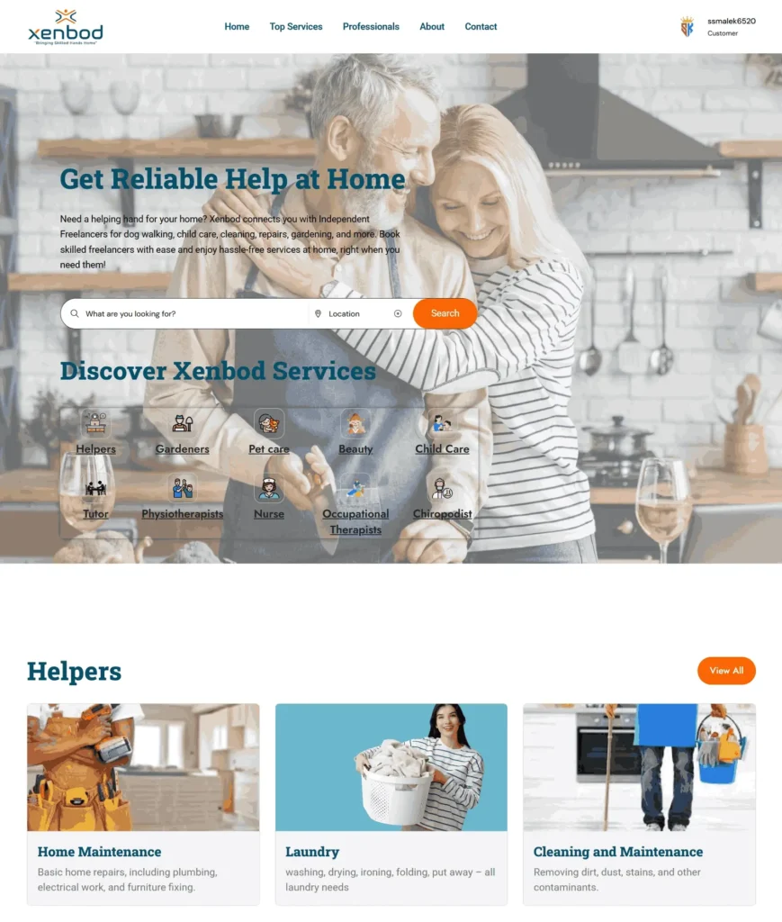 Xenbod home services marketplace website featuring caregiver, cleaning, laundry, home maintenance, pet care, and local professional booking services.