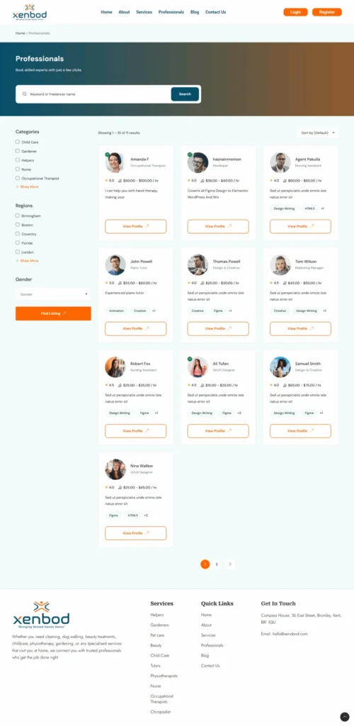 Freelancer directory with advanced search filters, professional profiles, ratings, hourly pricing, and category-based browsing in the Xenbod marketplace.
