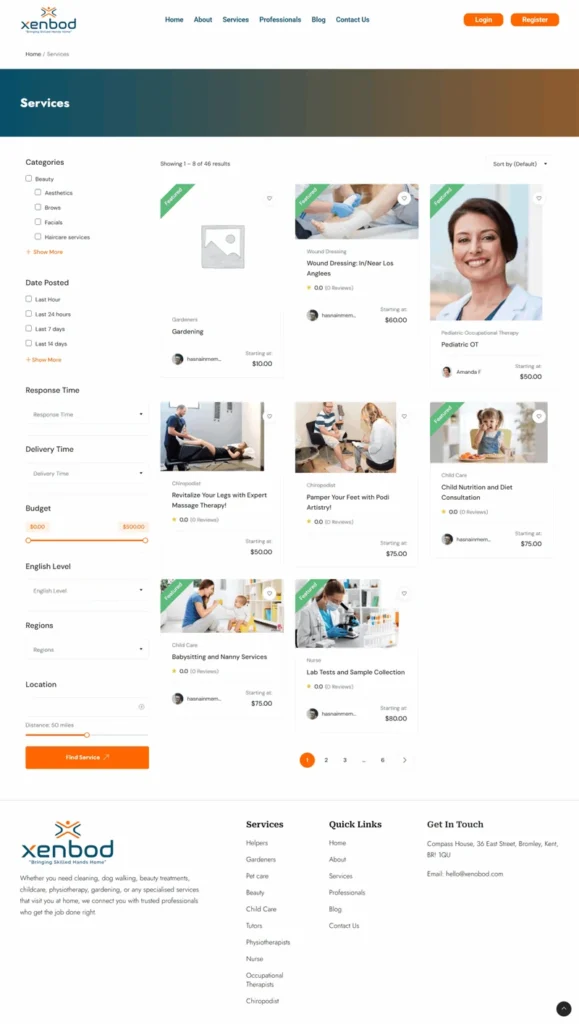 Service marketplace page displaying freelance service listings with category filters, pricing, featured services, and advanced search options.