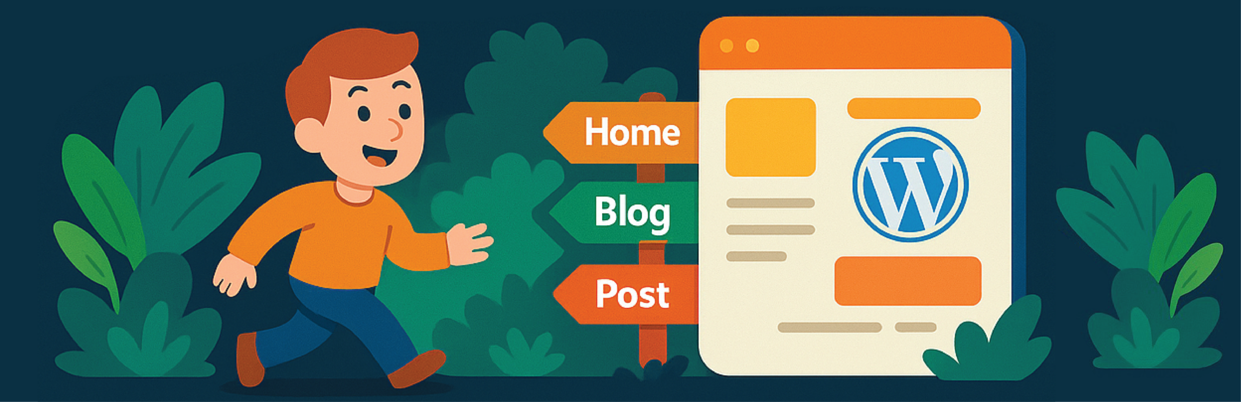 Breadcrumbs Made Easy banner featuring a WordPress illustration with a user navigating through Home, Blog, and Post sections, representing simple breadcrumb navigation, website structure, and improved user experience.