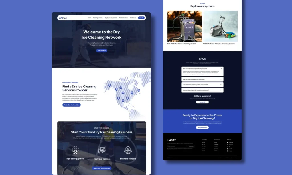Custom website designed and developed for LABCO₂, featuring a dry ice cleaning business platform with an interactive service provider directory, business launch resources, equipment showcase, and responsive design.