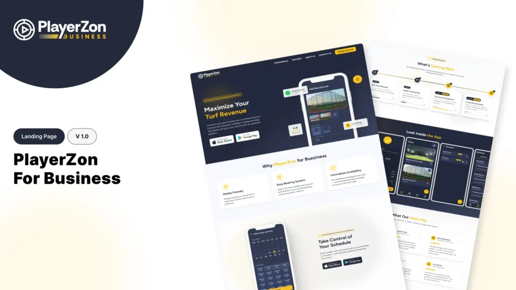 Landing page designed and developed for PlayerZon for Business, showcasing a sports venue management platform with booking features, mobile app integration, and responsive UI.