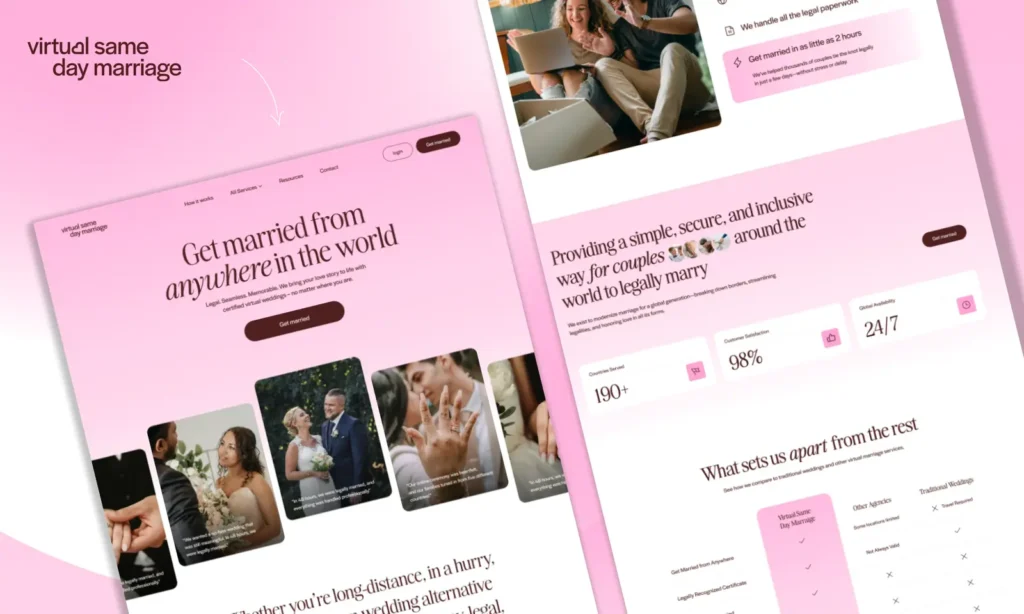 Complete website designed and developed for Virtual Same Day Marriage, enabling couples worldwide to get legally married online through a modern, responsive platform.