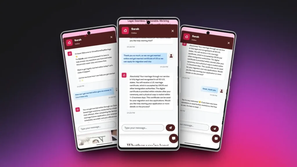 Custom AI chatbot developed for the Virtual Same Day Marriage website to answer marriage, immigration, apostille, and booking questions with instant AI-powered responses.