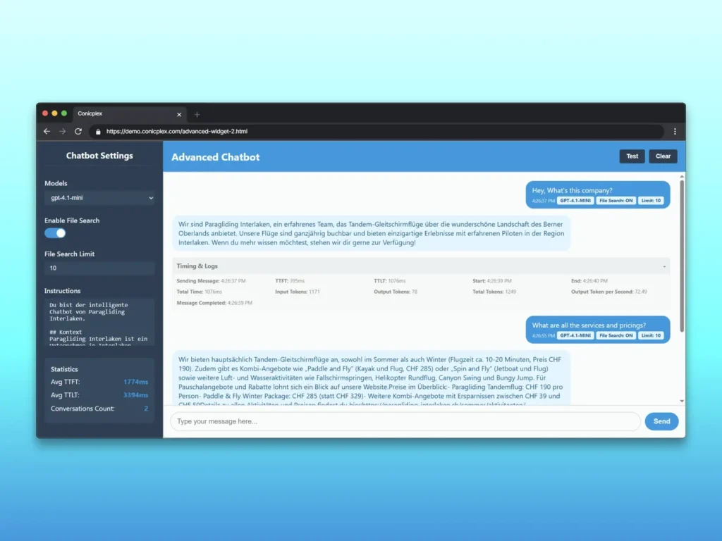 AI chatbot development proof of concept featuring OpenAI GPT integration, file search, knowledge base retrieval, conversation logs, response analytics, and a custom chatbot dashboard for business automation.