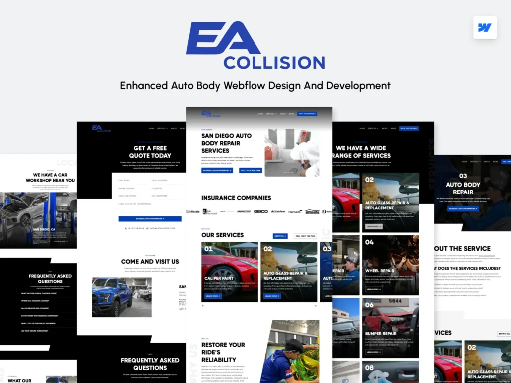 EA Collision auto body shop website designed and developed in Webflow with responsive layouts, modern UI, service pages, quote request forms, and local SEO optimization for collision repair services.