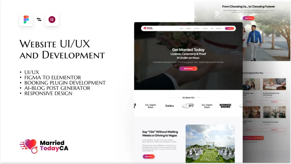 Married Today CA wedding booking website designed in Figma and developed with WordPress and Elementor, featuring a custom booking system, AI blog generator, responsive design, and optimized user experience.