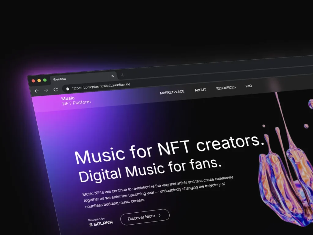 Music NFT platform designed and developed in Webflow, featuring a modern Web3 interface for digital music creators, NFT marketplaces, blockchain integration, and responsive user experience.