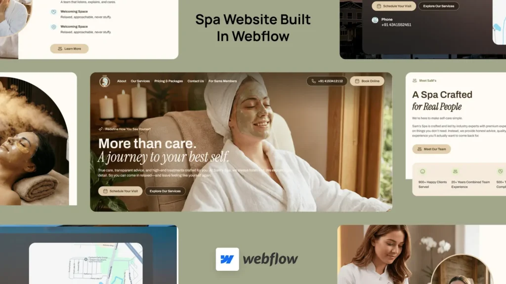 Sam's Spa luxury wellness website designed in Figma and developed in Webflow, featuring responsive layouts, online booking, premium spa branding, and a modern user experience.