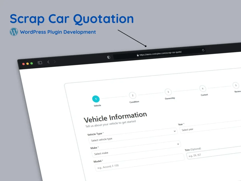 Custom WordPress plugin for scrap car quotations featuring a multi-step vehicle valuation form, dynamic pricing logic, conditional fields, and online quote generation.
