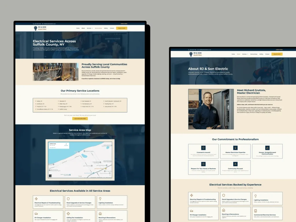 Website mockup showcasing the RJ & Son Electric About page alongside the Service Areas page, highlighting company information, master electrician profile, service locations across Suffolk County, and electrical services.