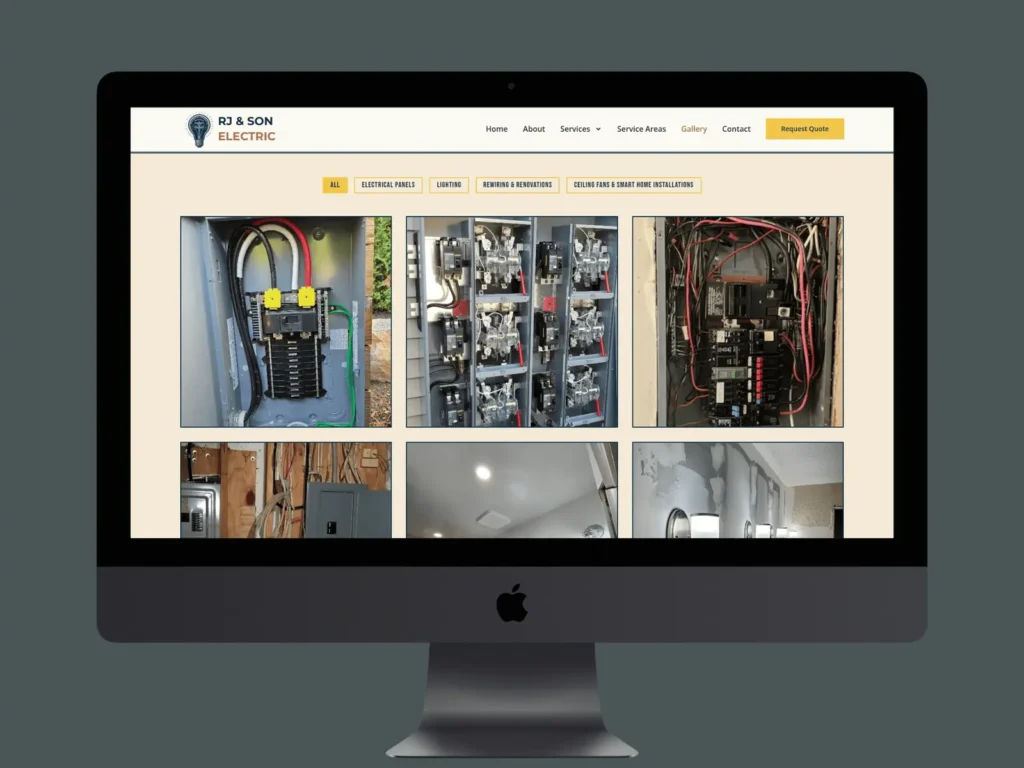 Desktop mockup of the RJ & Son Electric gallery page displaying completed electrical projects, including electrical panel upgrades, rewiring, lighting installations, and renovation work with category filters.
