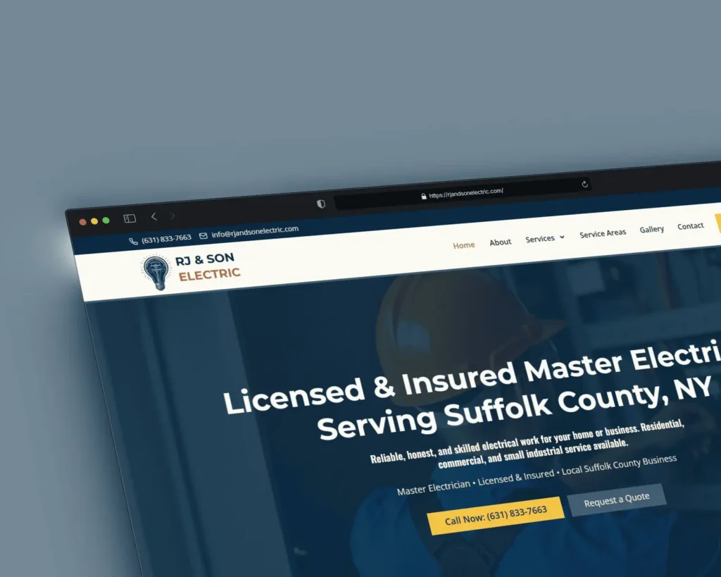 Close-up browser mockup of the RJ & Son Electric homepage hero section featuring licensed and insured master electrician services, call-to-action buttons, and navigation for residential and commercial electrical services.