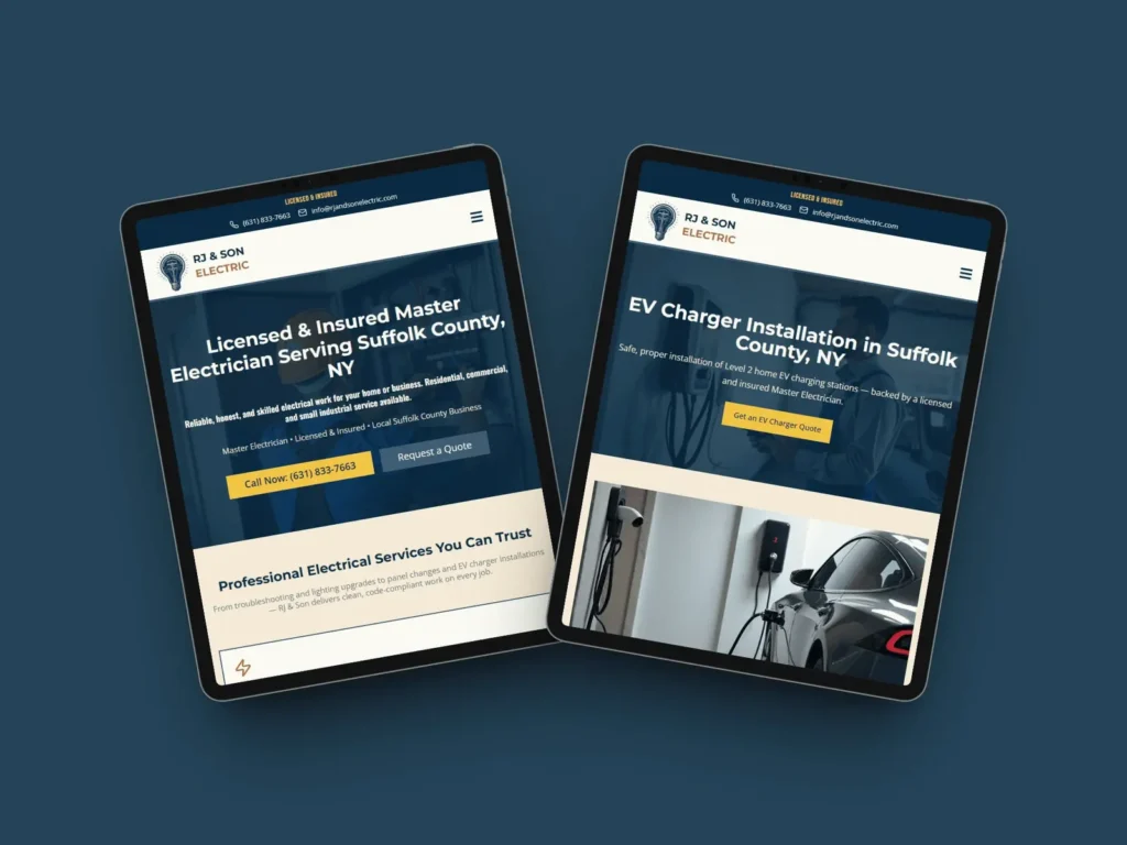 Responsive tablet mockup displaying the RJ & Son Electric website on mobile devices, featuring the homepage and EV charger installation service page optimized for seamless browsing and lead generation.