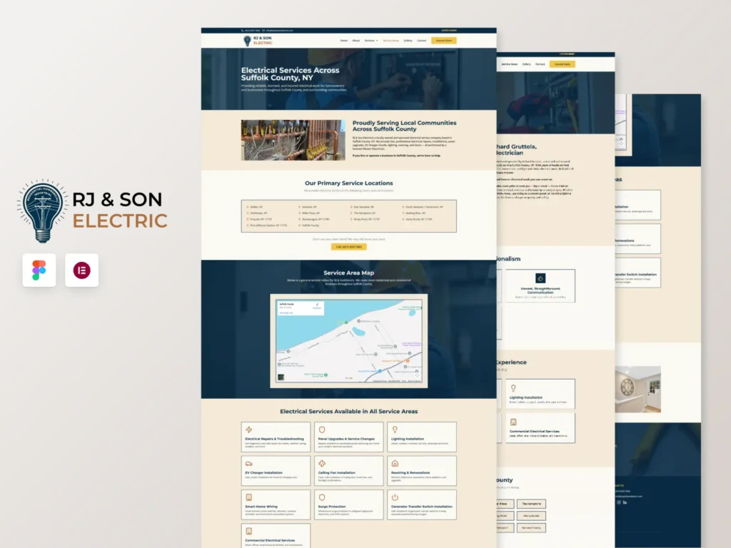 RJ & Son Electric local business website designed in Figma and developed with Elementor, featuring responsive service pages, location-based SEO, service area maps, and lead generation for electrical contractors.