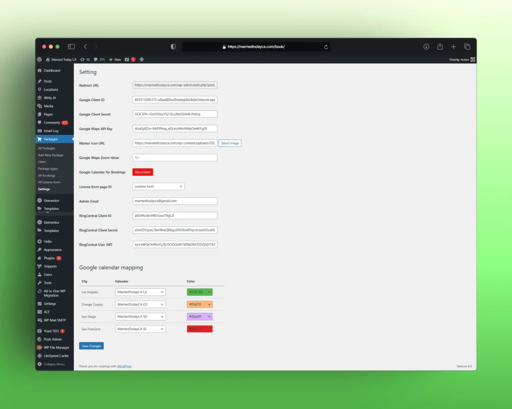 WordPress admin settings page for the Married Today CA booking plugin featuring Google Maps integration, Google Calendar mapping, API configuration, booking settings, and city-based calendar management.