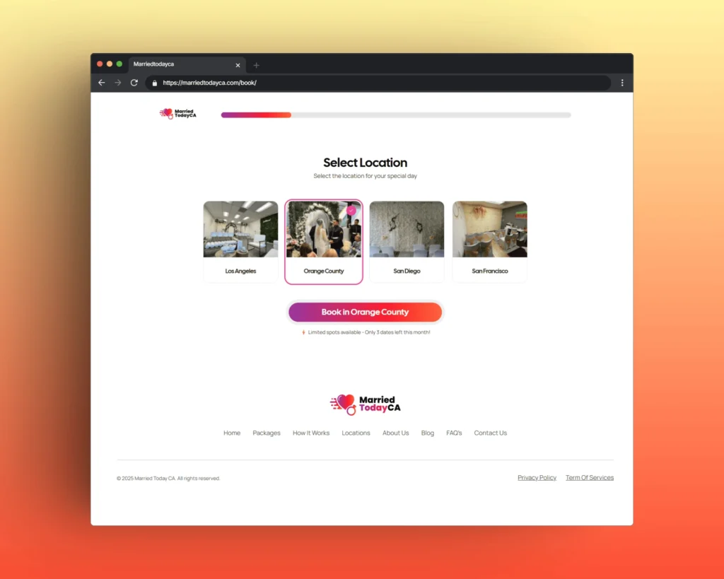 Step 1 of the Married Today CA online booking form showing location selection with venue cards for Los Angeles, Orange County, San Diego, and San Francisco, featuring a progress bar and booking call-to-action.