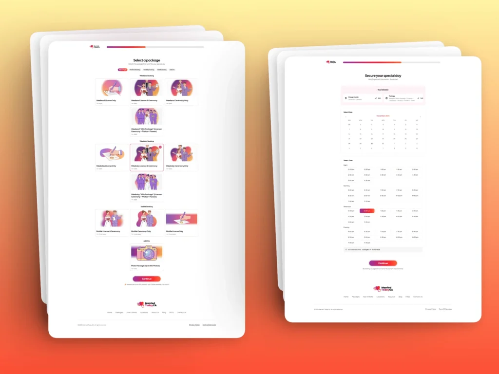 Preview of the Married Today CA multi-step booking workflow showcasing the package selection screen alongside the calendar and time-slot selection interface for scheduling wedding appointments.