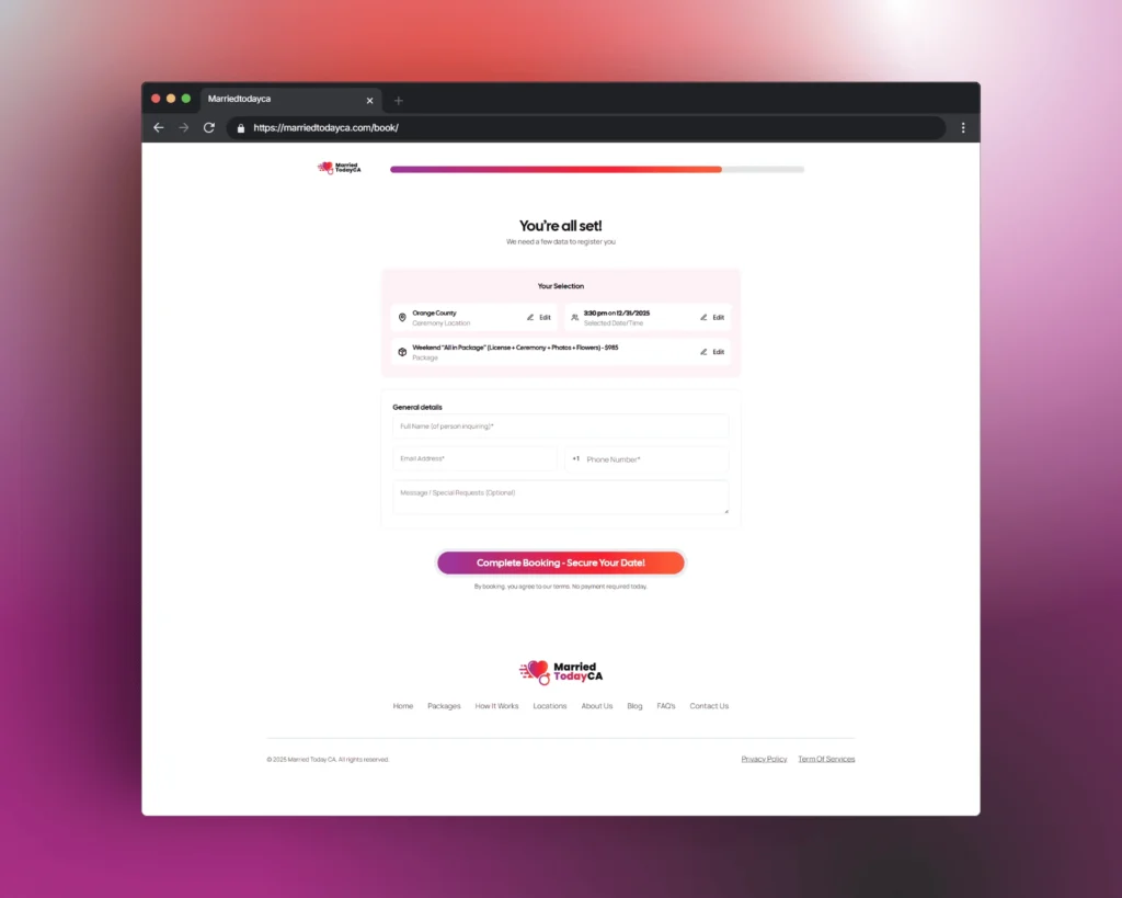 Final step of the Married Today CA booking form displaying selected ceremony location, appointment details, package summary, contact information fields, and the complete booking submission button.