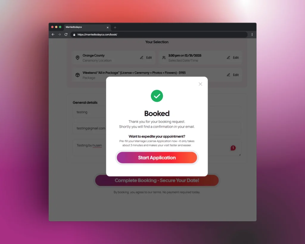 Successful booking confirmation modal displayed after submitting the Married Today CA booking form, featuring a confirmation message, booking success indicator, and option to start the marriage license application.