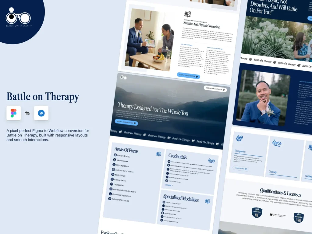 Battle on Therapy healthcare website designed in Figma and developed in Webflow, featuring a responsive therapy website with modern UI, accessibility, and mobile-first design.