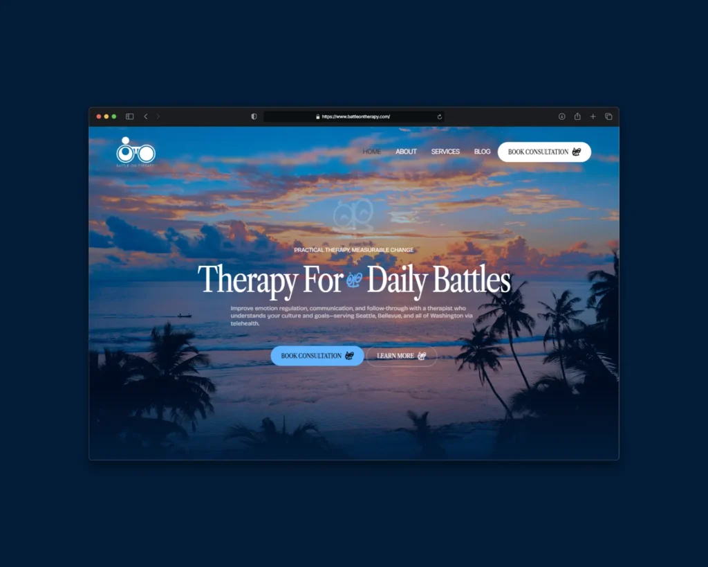 Front-facing browser mockup showcasing the Battle On Therapy homepage with a scenic beach sunset hero image, "Therapy For Daily Battles" headline, navigation menu, consultation CTA, and a clean, modern therapy website interface.