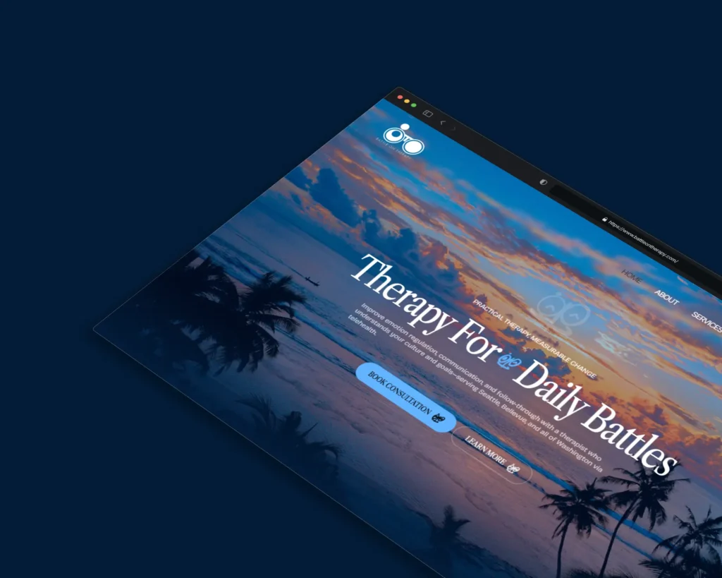 Perspective browser mockup of the Battle On Therapy website featuring a calming sunset beach background, bold "Therapy For Daily Battles" hero section, blue call-to-action buttons, and a modern mental health website design on a dark blue background.