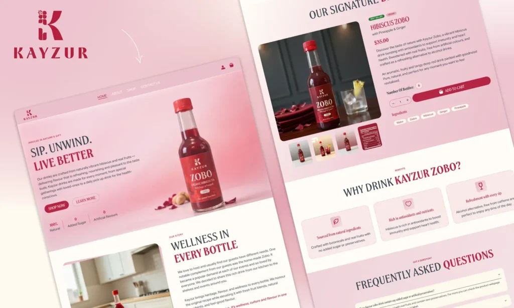 Kayzur beverage eCommerce website designed and developed with WooCommerce, featuring responsive product pages, online shopping, custom UI, and conversion-focused user experience for a premium drink brand.