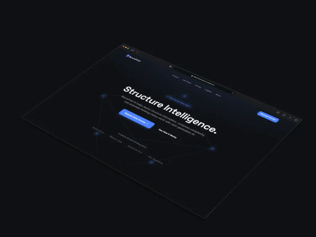 Front-facing browser mockup showcasing the NueraFold AI landing page with a dark modern interface, "Structure Intelligence" hero section, glowing blue CTA buttons, minimalist navigation, and abstract network visualization on a black background.